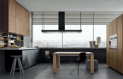 Contemporary Wood Grain and Charcoal Grey Melamine Kitchen Cabinets