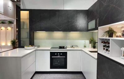  Comtemporary U Shaped Compact Two Tone Color Black And White  Kitchen Cabinet Design Idea