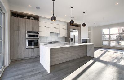 Grey Oak Laminated and High Gloss Lacquer Kitchen Cabinets