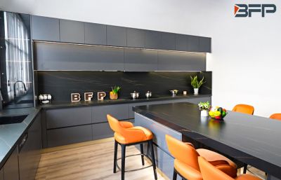 Modern Luxury Grey Lacquer Kitchen Cabinet With Floating Island