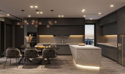 Elegant Matte Grey Lacquer Kitchen Cabinet Design with Island
