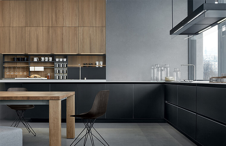 Contemporary Wood Grain and Charcoal Grey Melamine Kitchen Cabinets