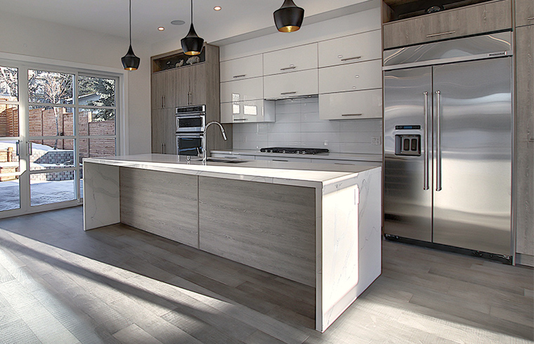 Grey Oak Laminated and High Gloss Lacquer Kitchen Cabinets
