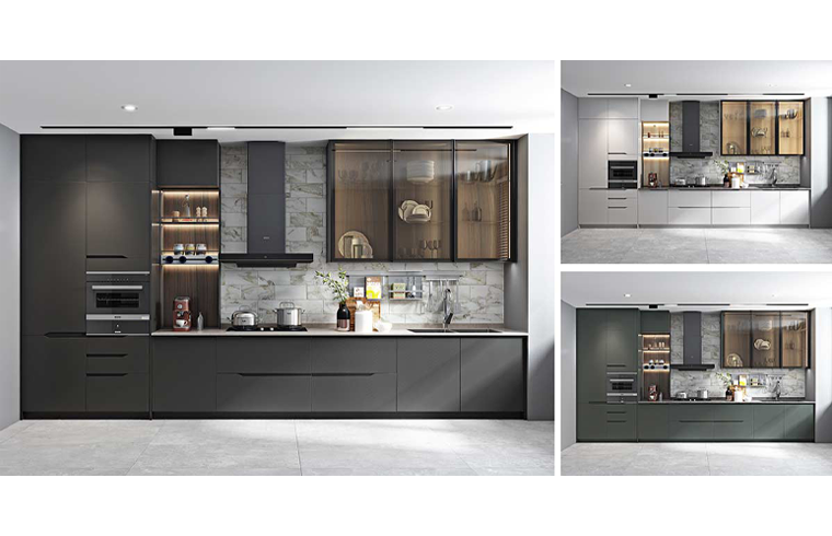 Green Lacquer Kitchen Cabinet With Handleless Design
