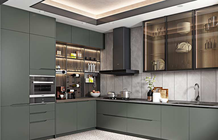 Green Lacquer Kitchen Cabinet With Handleless Design
