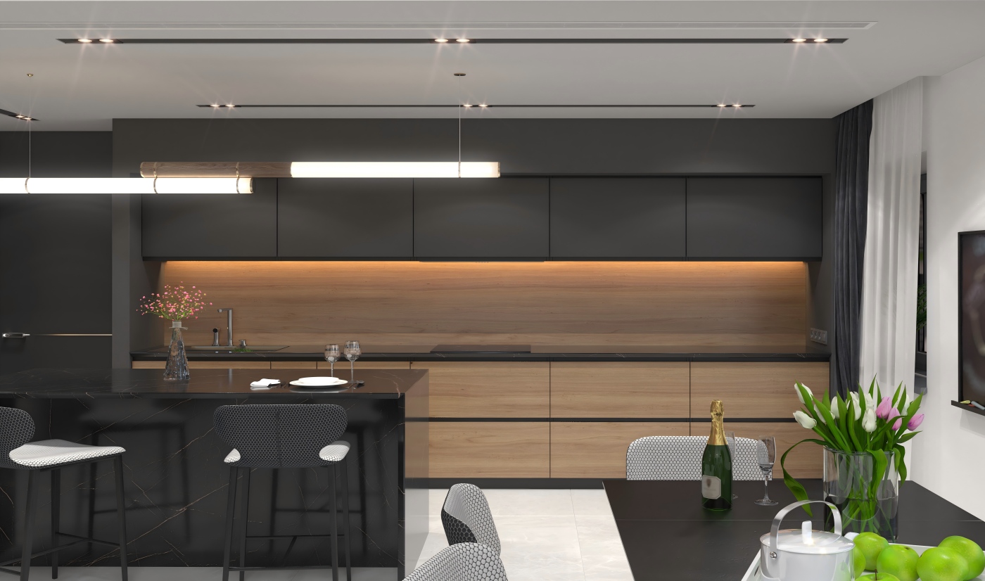 Black Lacquer Kitchen Cabinets with Wood Grain Finish